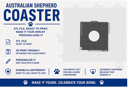 Coaster with dog design on a table with a drink, promotional text for Australian Shepherd coaster.