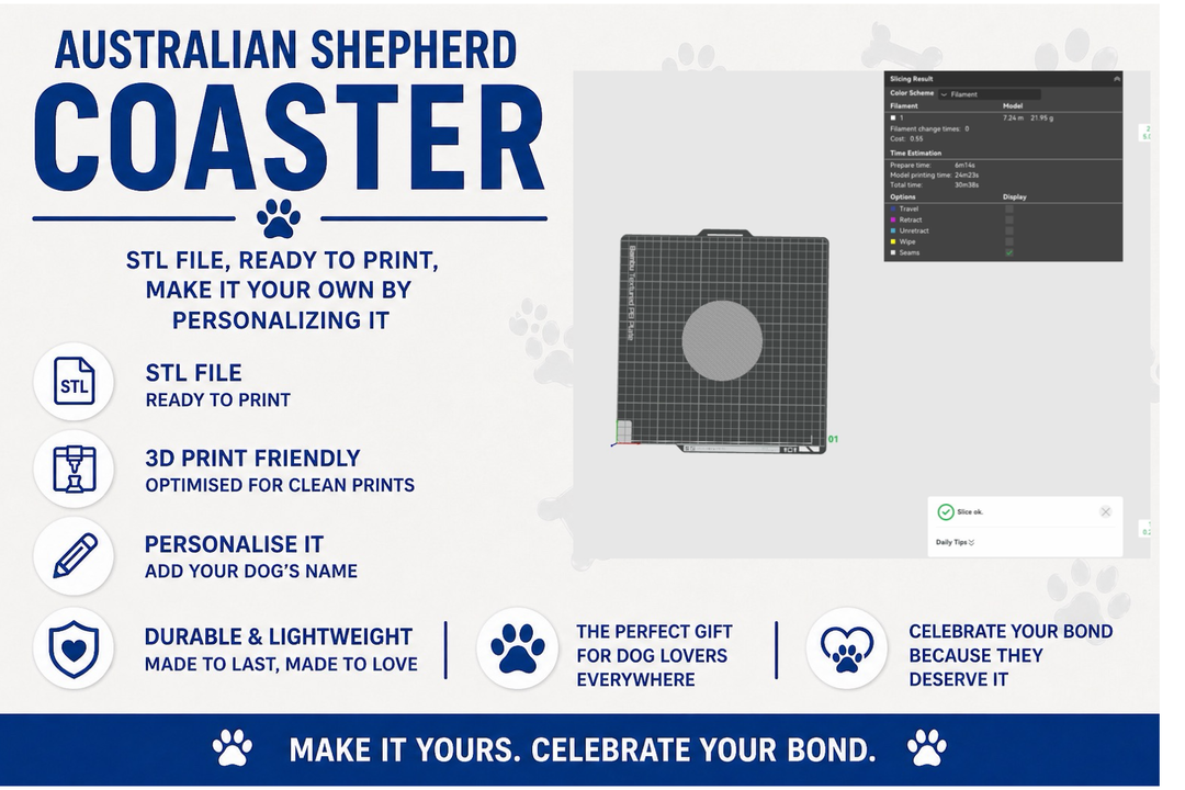 Coaster with dog design on a table with a drink, promotional text for Australian Shepherd coaster.