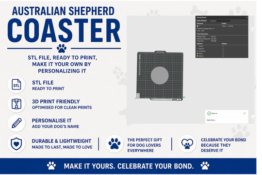Coaster with dog design on a table with a drink, promotional text for Australian Shepherd coaster.