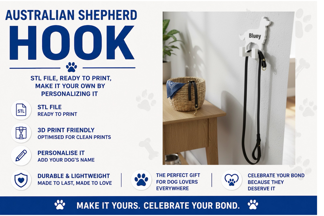 Australian Shepherd dog hook with product details on a white background