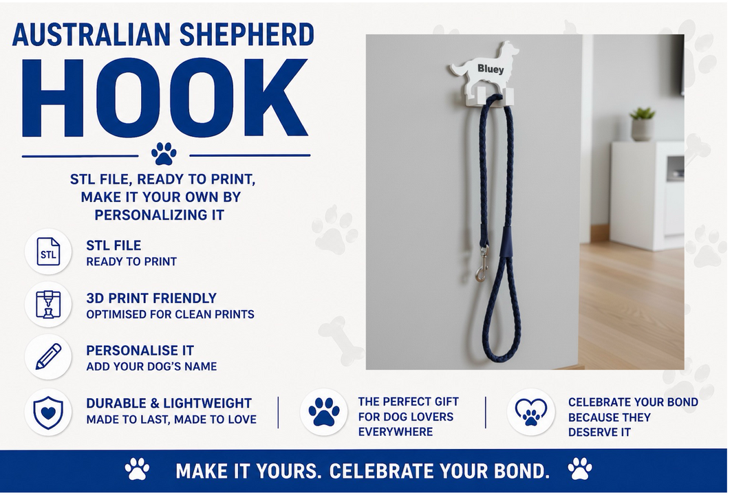Australian Shepherd dog hook with leash on a white background, promotional text about customization and features.