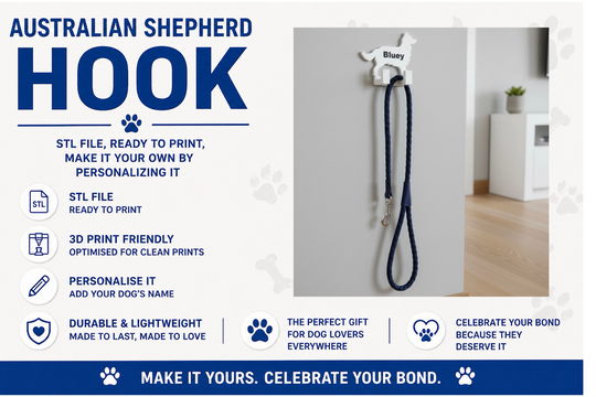 Australian Shepherd dog hook with leash on a white background, promotional text about customization and features.
