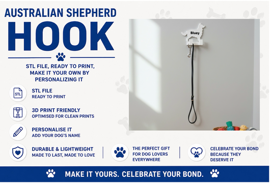 Australian Shepherd dog hook with text about customization and features on a white background