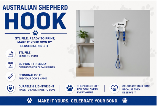 Australian Shepherd hook with text about customization and features on a white background