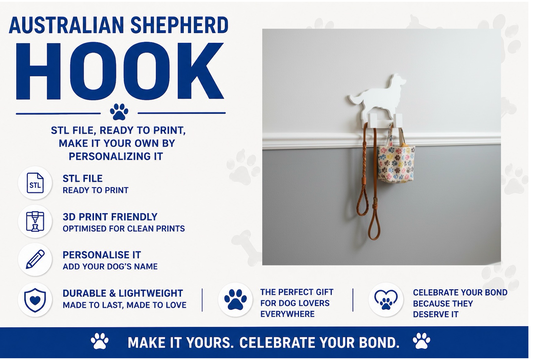 Australian Shepherd hook with text about customization and features on a white background