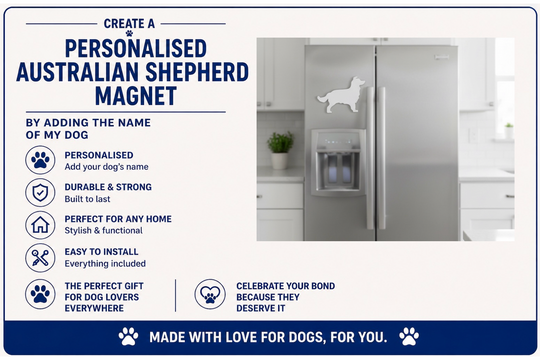 Advertisement for a personalized Australian Shepherd magnet with a kitchen setting.