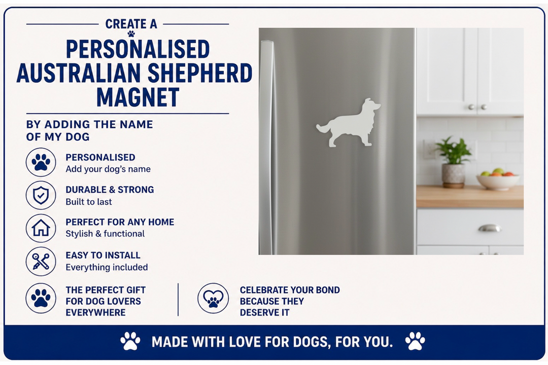 Advertisement for a personalized Australian Shepherd magnet with a kitchen setting.