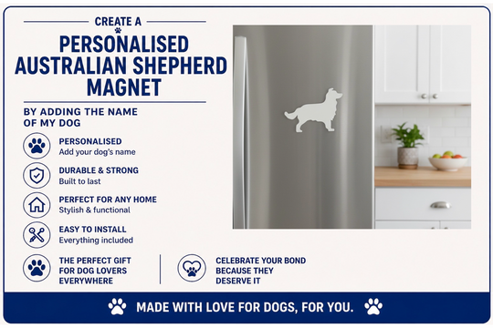 Advertisement for a personalized Australian Shepherd magnet with a kitchen setting.