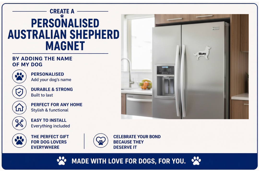 Advertisement for a personalized Australian Shepherd magnet with a kitchen background.