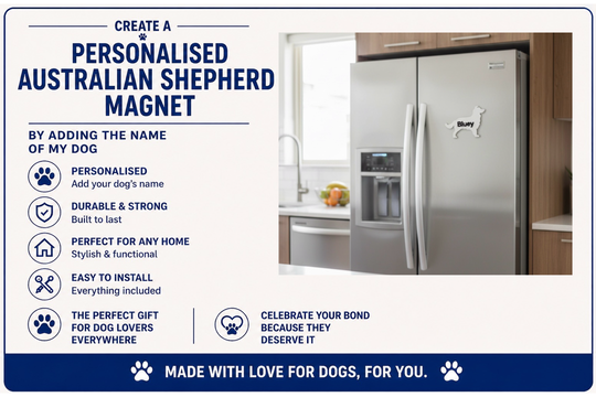 Advertisement for a personalized Australian Shepherd magnet with a kitchen background.