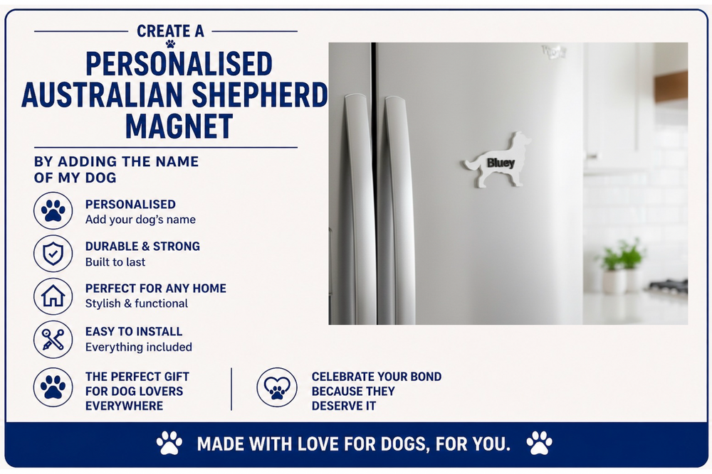 Advertisement for a personalized Australian Shepherd magnet with a kitchen setting.