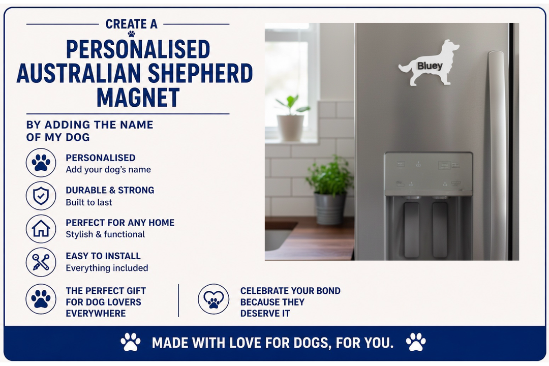 Advertisement for a personalized Australian Shepherd magnet with a dog's name on a refrigerator.
