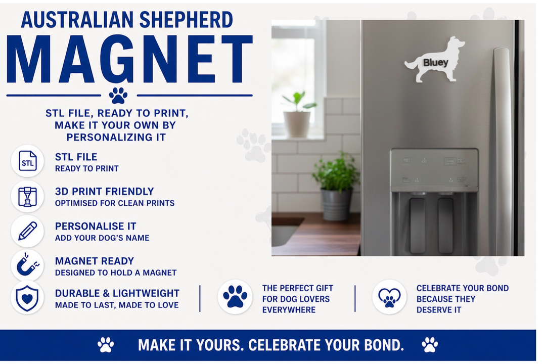 Australian Shepherd dog magnet with product details on a white background