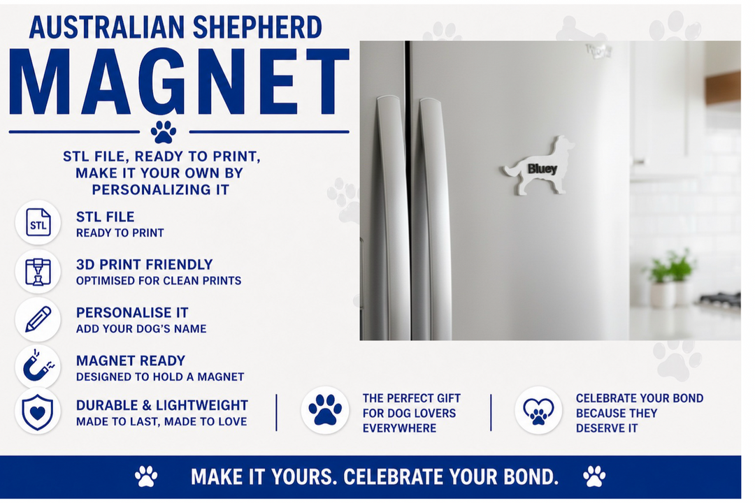 Australian Shepherd dog magnet with product details on a white background