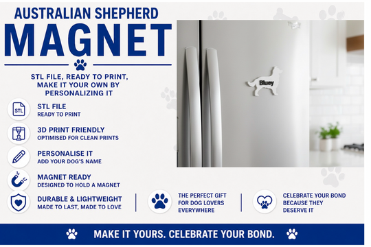 Australian Shepherd dog magnet with product details on a white background