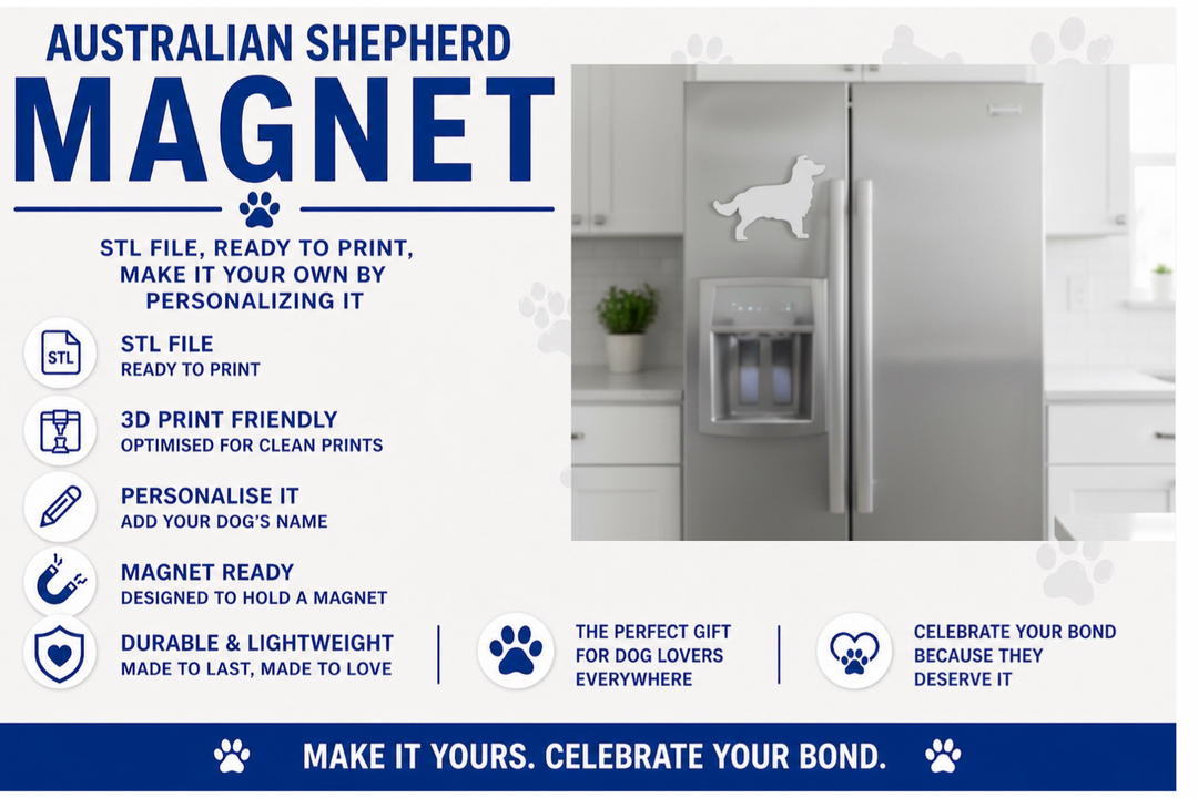 Australian Shepherd dog magnet on a refrigerator with product details on a white background