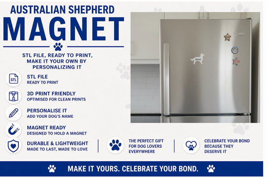 Australian Shepherd dog magnet with product details on a white background