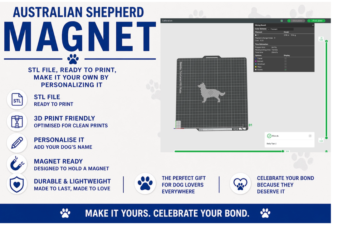 3D printing software interface with a dog silhouette on a gray background, text about Australian Shepherd magnet, and branding elements.