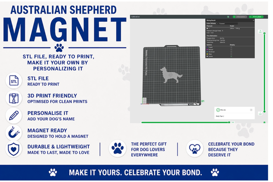 3D printing software interface with a dog silhouette on a gray background, text about Australian Shepherd magnet, and branding elements.