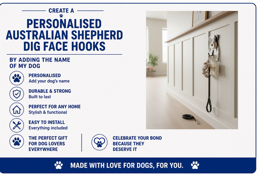 Advertisement for personalized Australian Shepherd dog face hooks with text and a photo of hooks on a wall.