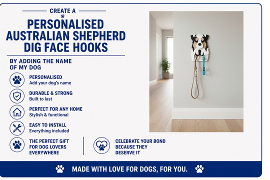 Dog face hook with text about personalization and features on a white background