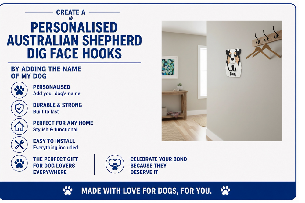 Advertisement for personalized Australian Shepherd dog face hooks with a photo of a dog's face on a hook.
