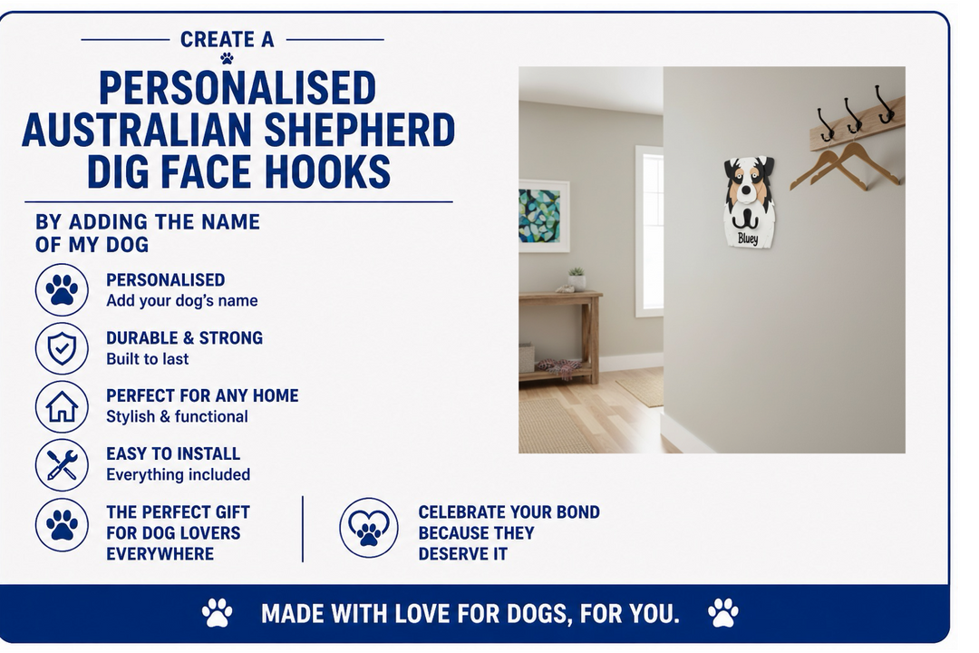 Advertisement for personalized Australian Shepherd dog face hooks with a photo of a dog's face on a hook.