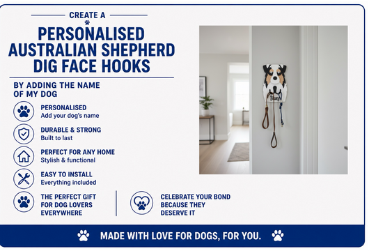 Advertisement for personalized Australian Shepherd dog face hooks with product features listed.