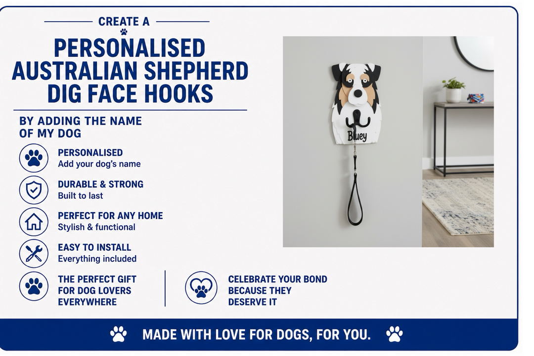 Personalised Australian Shepherd dog face hook with text detailing features and benefits.