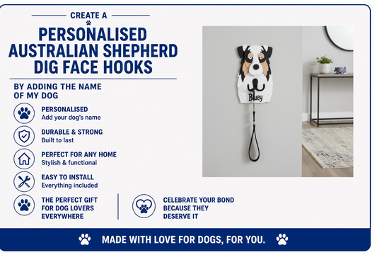 Personalised Australian Shepherd dog face hook with text detailing features and benefits.