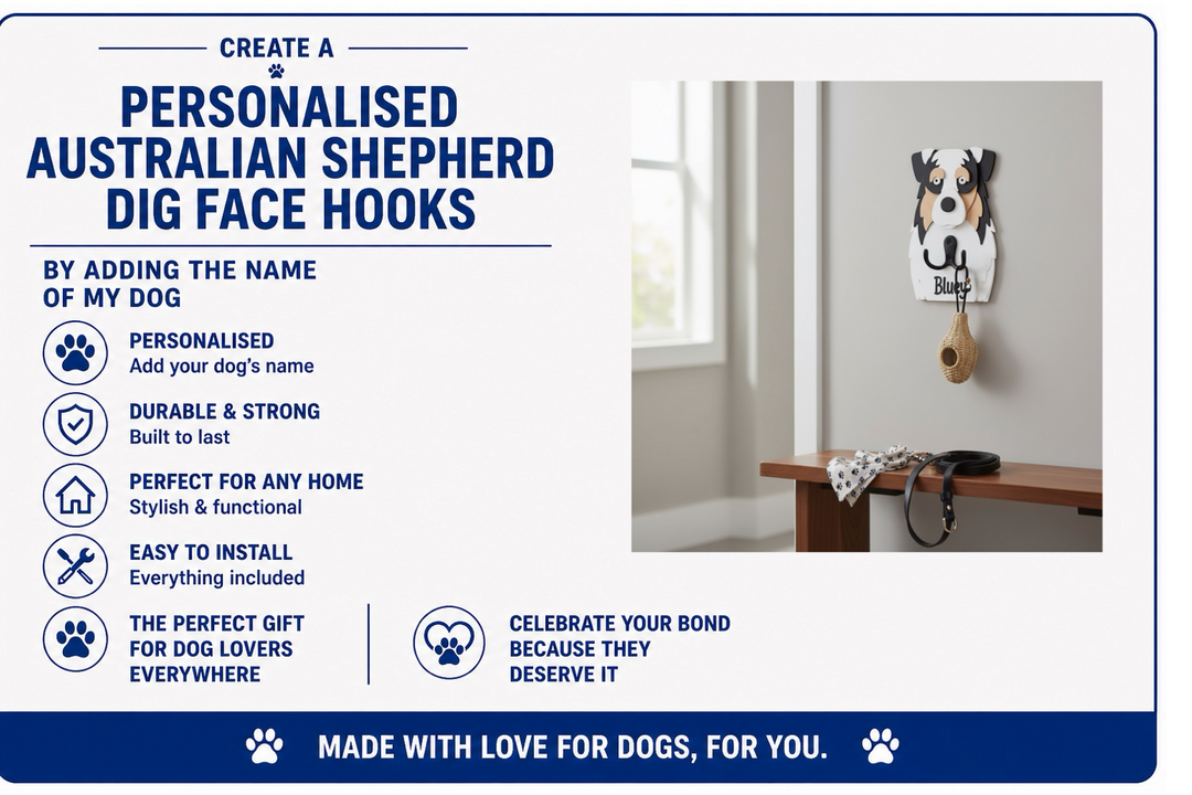 Promotional graphic for personalized Australian Shepherd dog face hooks with product features listed.