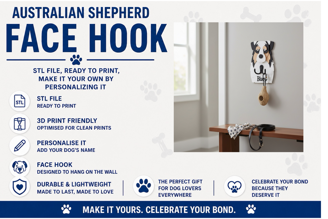 Australian Shepherd face hook with product details on a white background