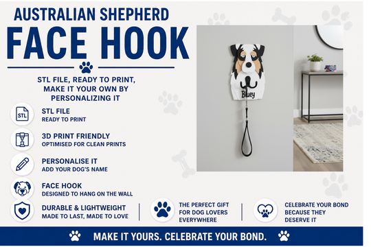Australian Shepherd face hook with customizable options on a white background