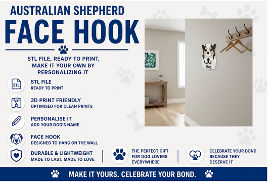 Australian Shepherd face hook with product details and a sample on a wall.