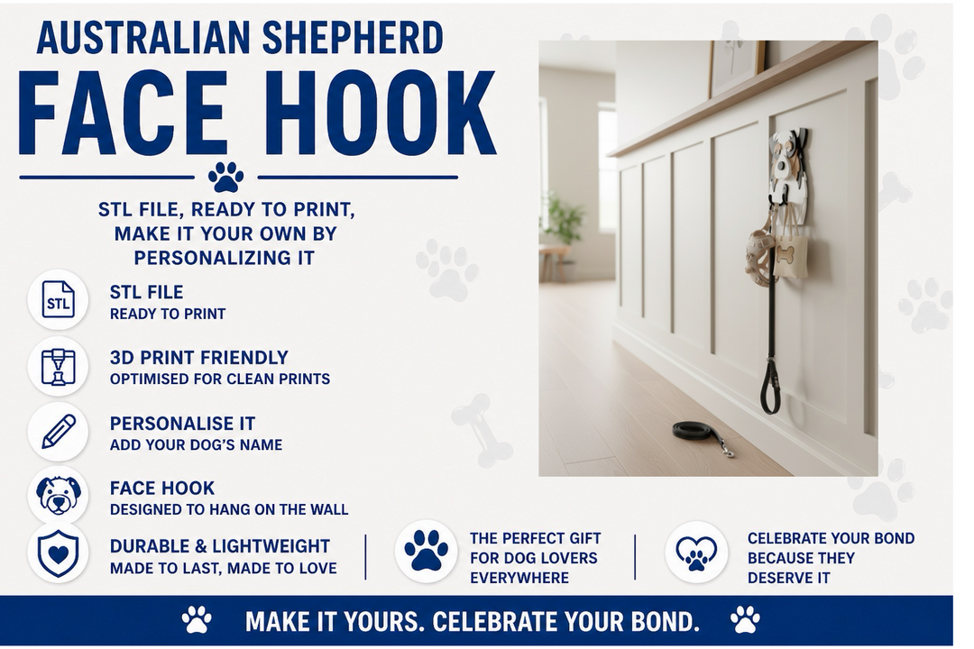Australian Shepherd face hook product description with a photo of a hook on a wall.
