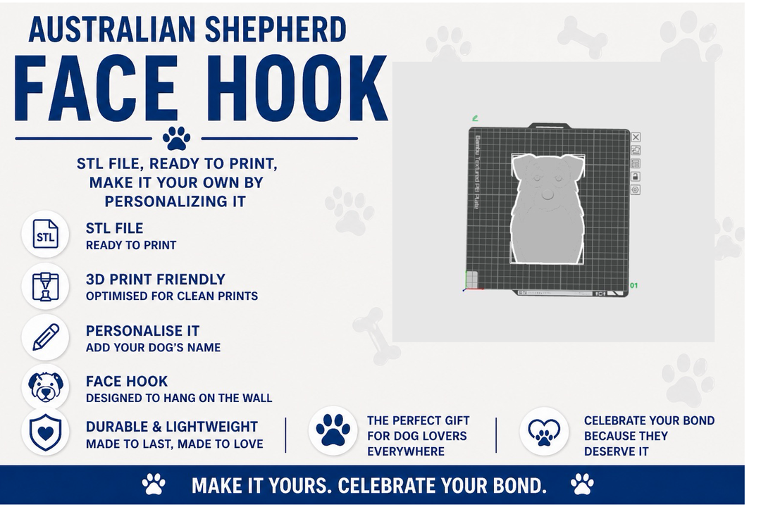 Australian Shepherd face hook design with text on a white background