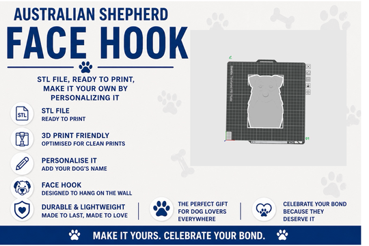 Australian Shepherd face hook design with text on a white background