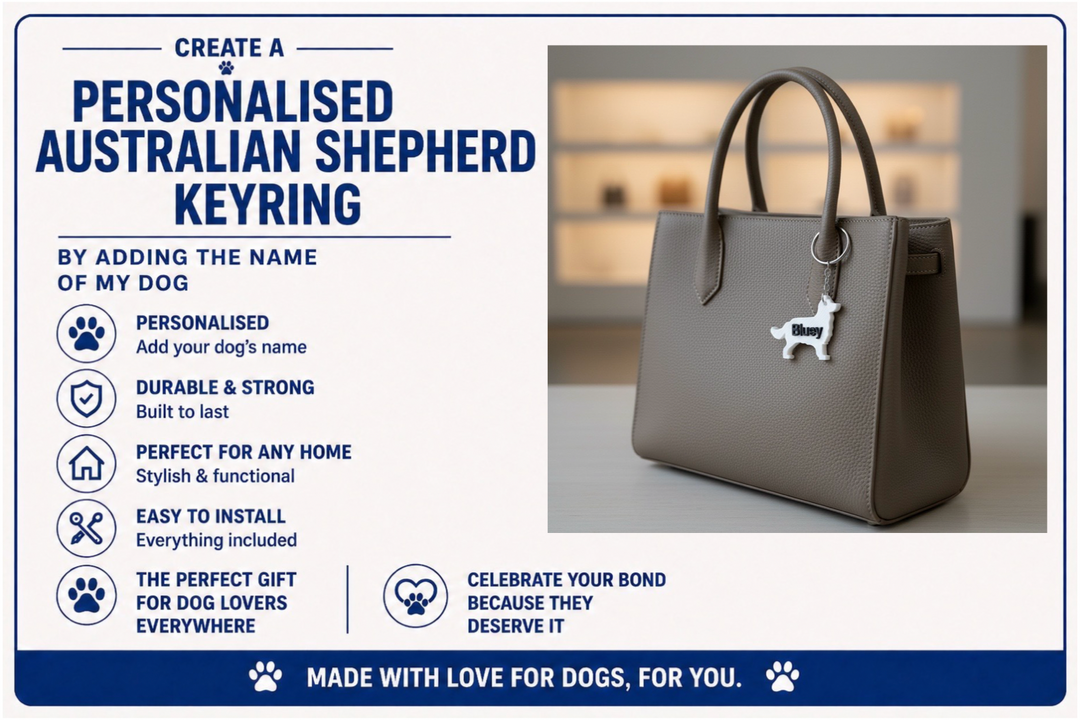 Keyring with dog design on a white surface, promotional text for Australian Shepherd keyring.