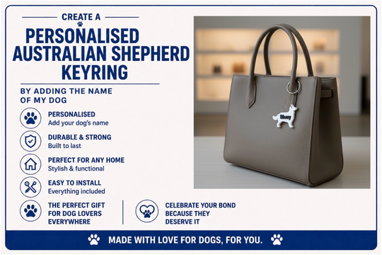 Keyring with dog design on a white surface, promotional text for Australian Shepherd keyring.