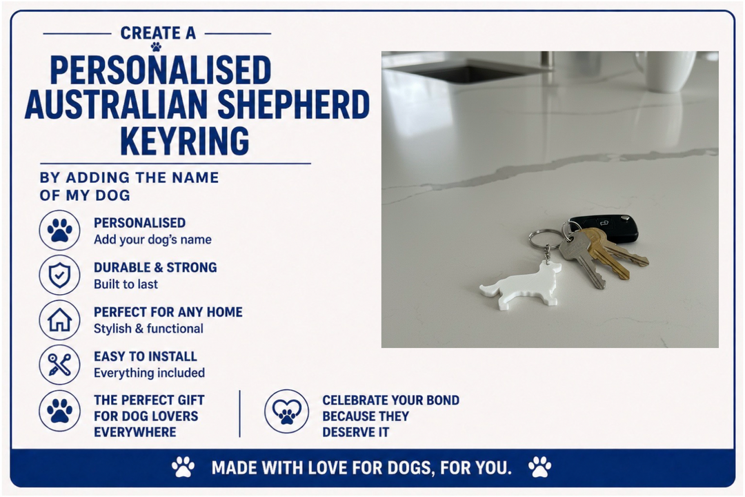 Keyring with dog design on a white surface, promotional text for Australian Shepherd keyring.