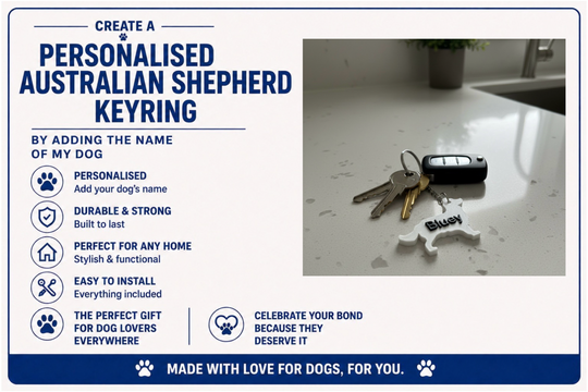 Keychain with 'Bluey' on a kitchen counter, promotional text for personalized Australian Shepherd keyring.