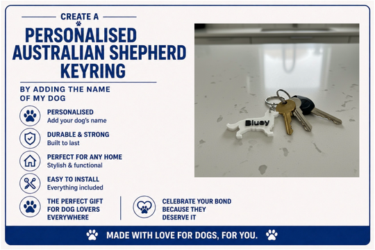 Keychain with 'Buddy' engraved, displayed with keys on a white surface.