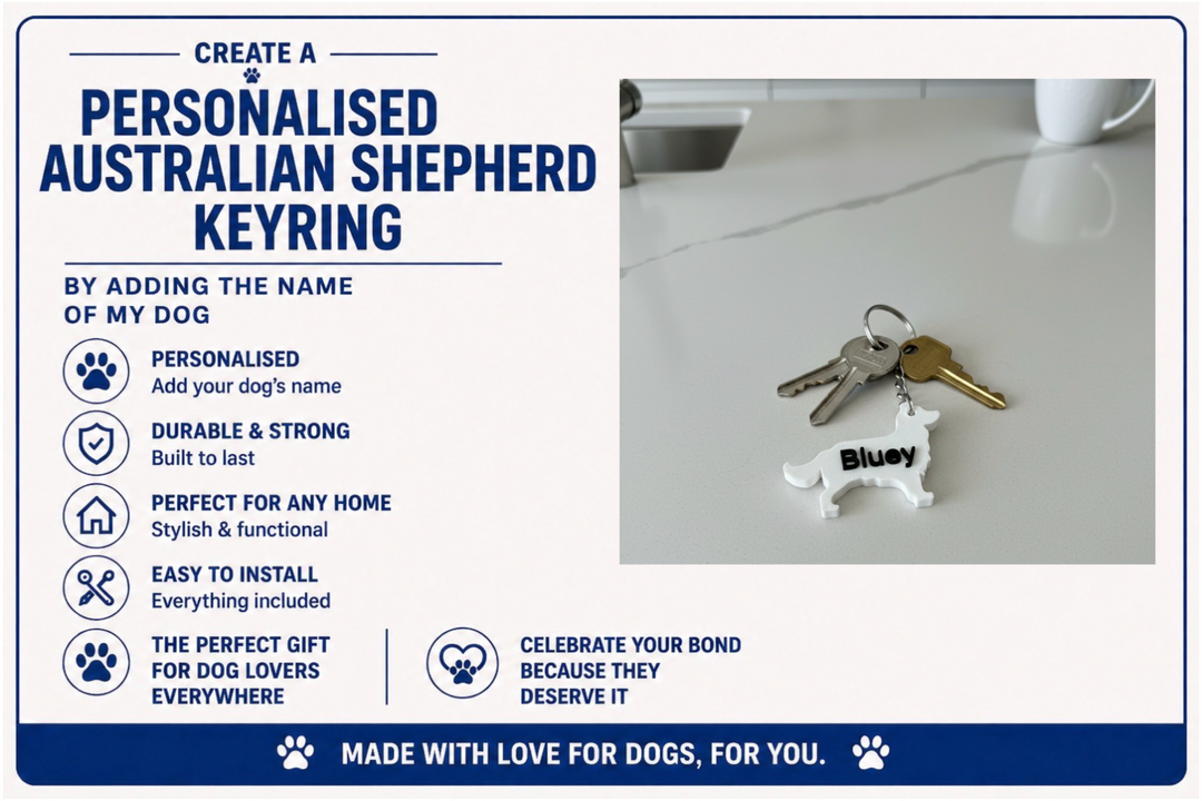Keyring with dog design on a white surface, promotional text for Australian Shepherd keyring.