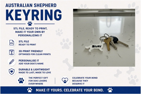Australian Shepherd keyring with keys on a white surface