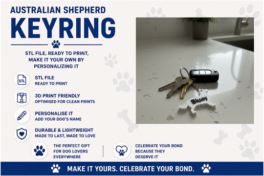 Australian Shepherd keyring with keys on a white surface