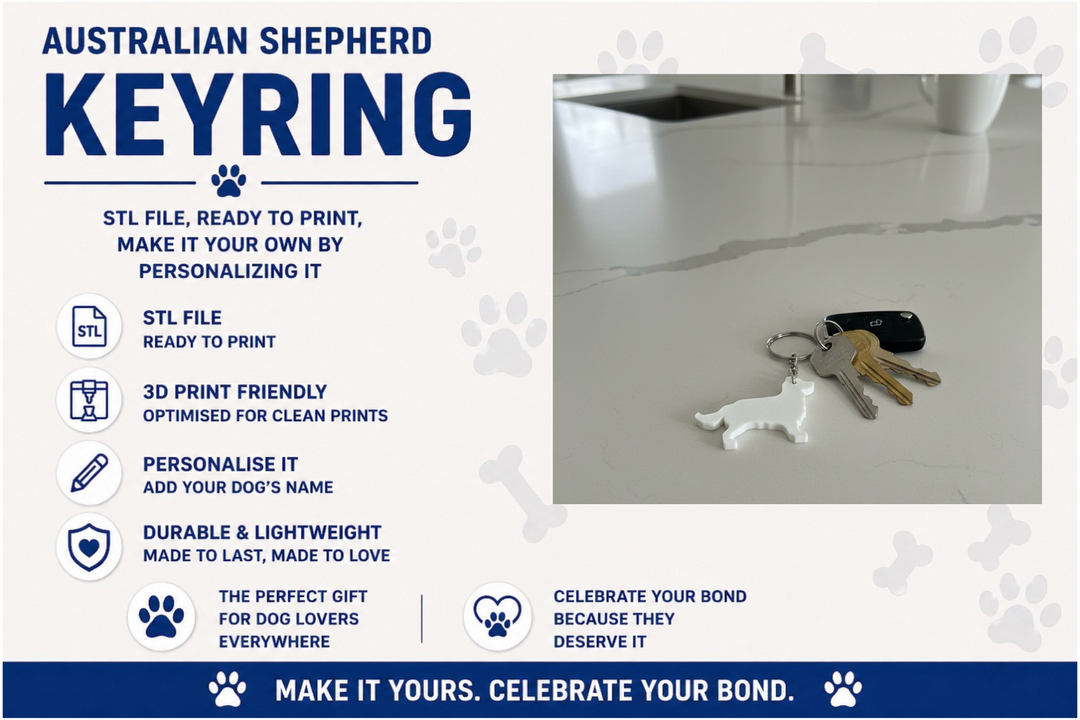 Australian Shepherd keyring with keys on a white surface