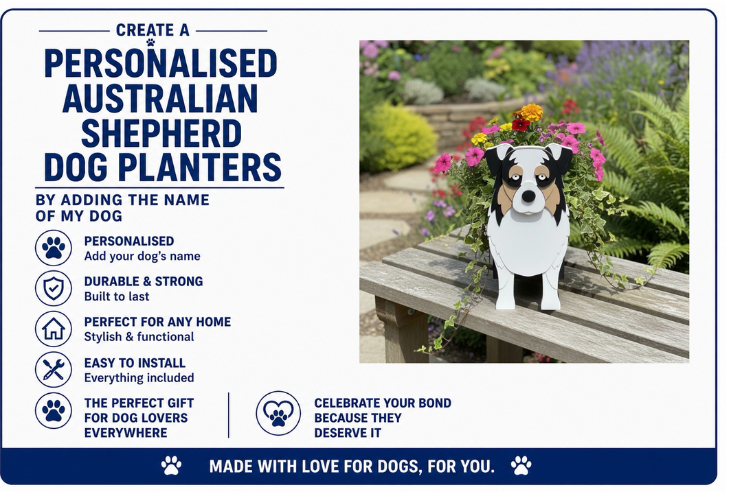 Advertisement for personalized Australian Shepherd dog planters with a photo of a planter shaped like a dog on a bench.