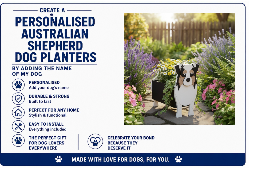 Advertisement for personalized Australian Shepherd dog planters with a photo of a planter and dog in a garden.