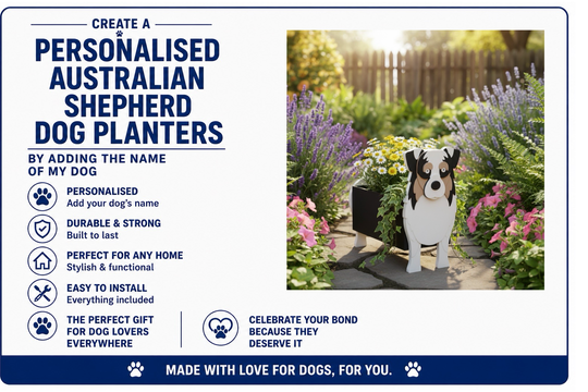 Advertisement for personalized Australian Shepherd dog planters with a photo of a planter and dog in a garden.
