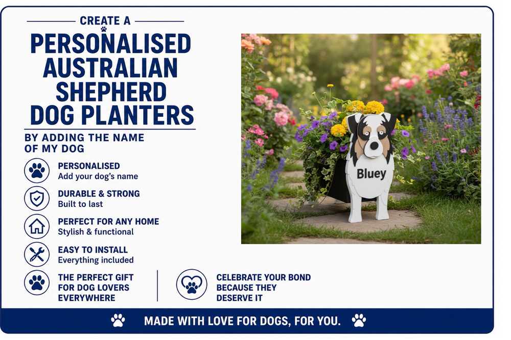 Advertisement for personalized Australian Shepherd dog planters with a photo of a planter and dog in a garden